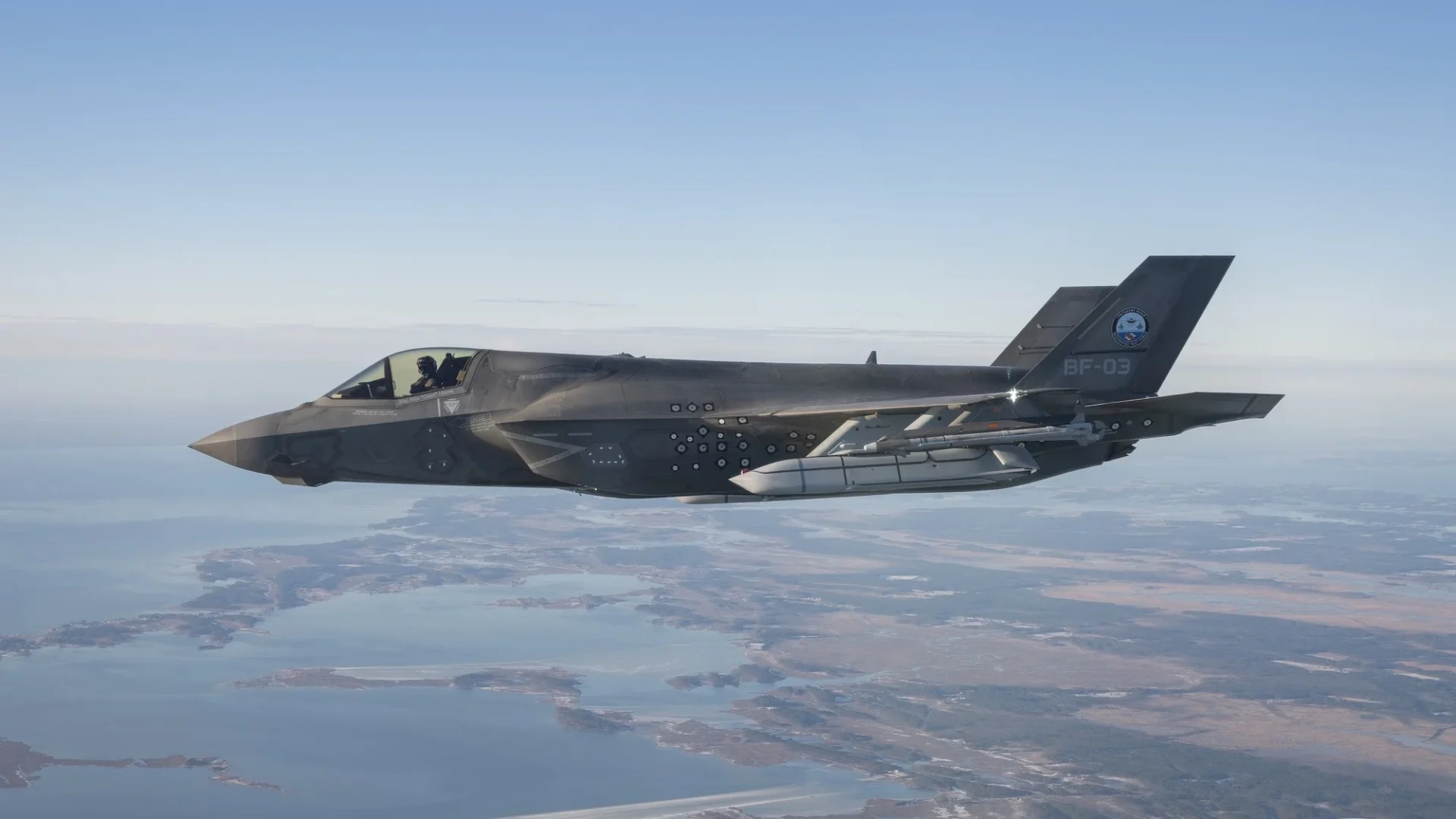 F-35B fighter jet loaded with AGM-158C long-range anti-ship missiles.